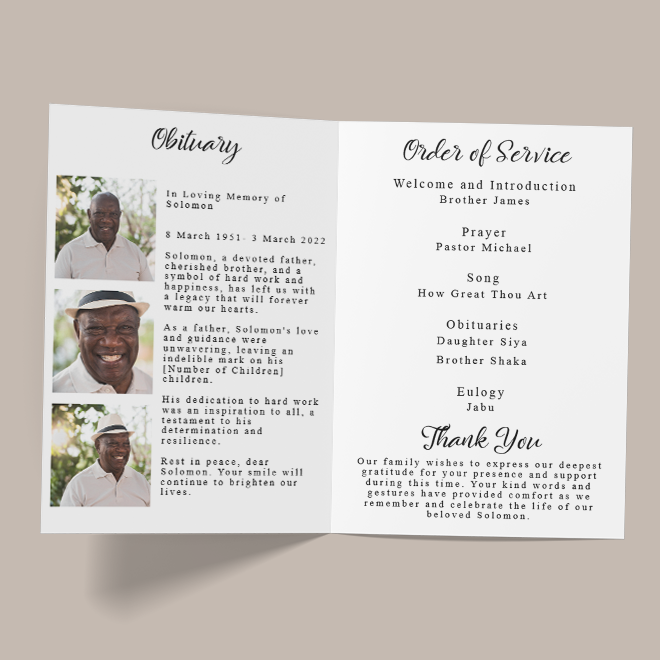 Funeral service A5 printable card online with RapidStudio