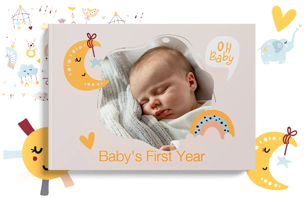 Print your own baby hardcover photobook online with RapidStudio baby template